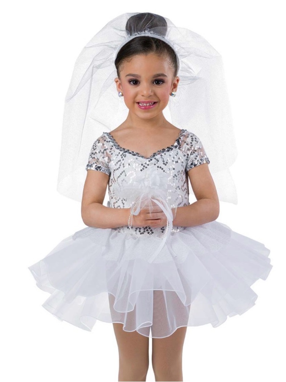 Girls White Sequin Ballet Tutu Costume with Veil and Bow
